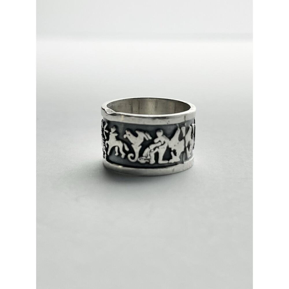 1960s Mayan Astrology Zodiac Oxidized .925 Silver Band Ring, Size 7.5 Mexico - Picture 4 of 8